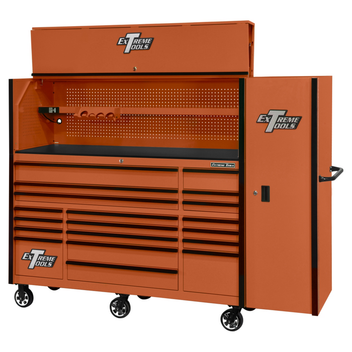 Extreme Tools RX Series 72" Workstation Combo – 19-Drawer Cabinet, Hutch & Side Locker (Orange/Black) EXTRX7230HRSOK