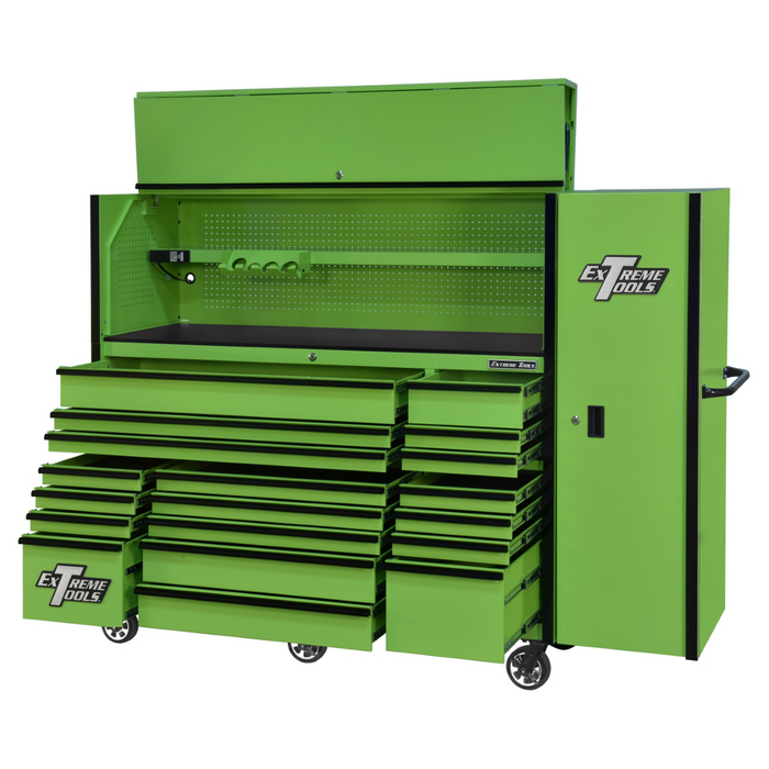 Extreme Tools RX Series 72" Pro Workstation Combo – 19-Drawer Power Cabinet & Hutch (Green/Black Pulls, 25" Deep) EXTRX7225HRSGK