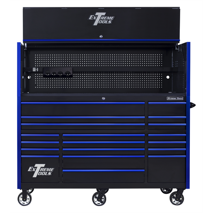 Extreme Tools RX Series 72" Pro Workstation Combo – 19-Drawer Cabinet & Hutch (Black/Blue Pulls) EXTRX723020HRKU