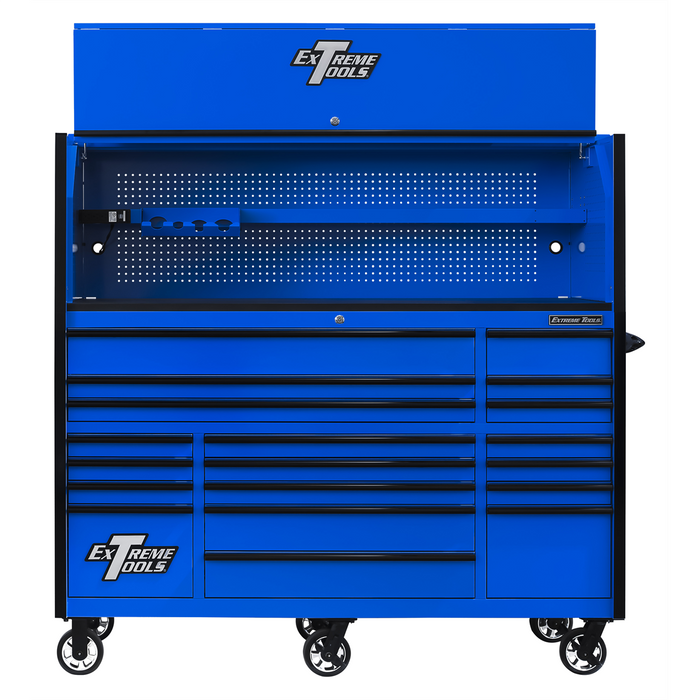 Extreme Tools RX Series 72"W x 30"D Pro Hutch & 19 Drawer Roller Cabinet Combo; Blue w Black Drawer Pulls EXTRX723020HRUK