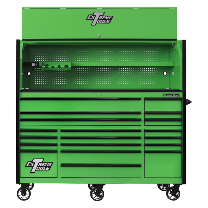 Extreme Tools RX Series 72" Pro Workstation Combo – 19-Drawer Cabinet & Hutch (Green/Black Pulls) EXTRX723020HRGK