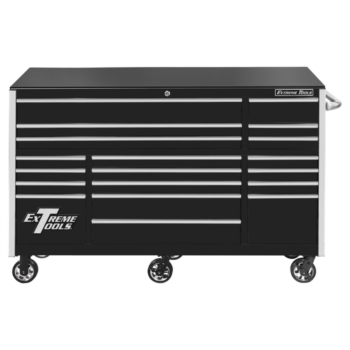 Extreme Tools RX Series 72” W x 25'' L 19-Drawer Triple Bank Roller Cabinet – Heavy-Duty Tool Chest Black with Chrome Pulls (EXTRX722519RCBKCR-X)