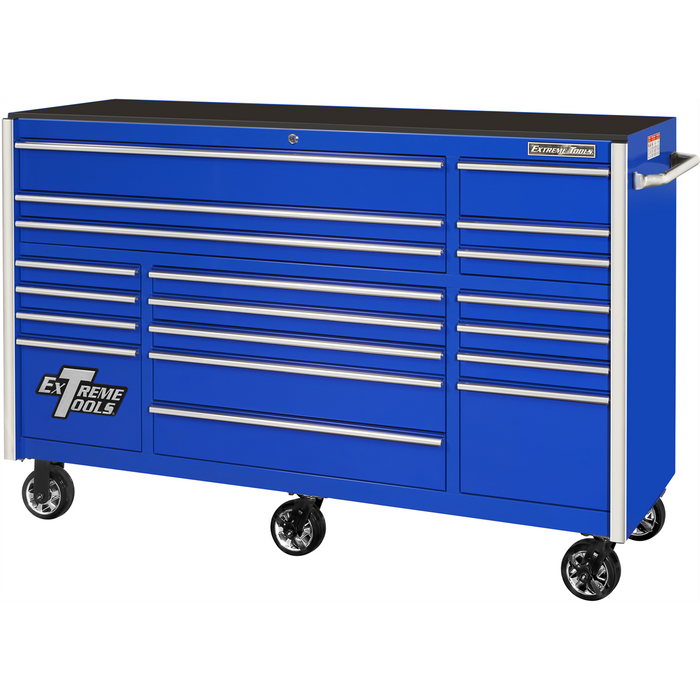 Extreme Tools RX Series 72” W x 25'' L 19-Drawer Triple Bank Roller Cabinet – Blue with Chrome Drawer Pulls, Heavy-Duty Tool Chest (EXTRX722519RCBLCR-X)