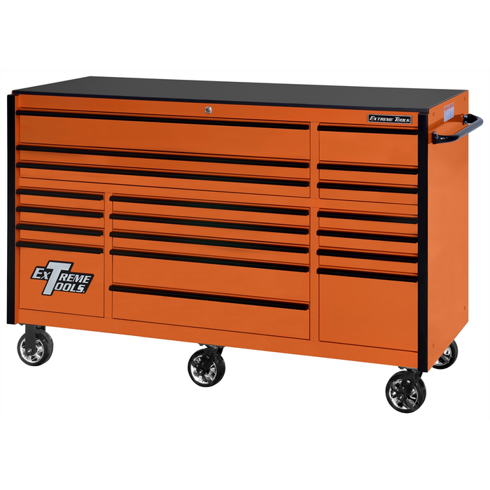 Extreme Tools RX Series 72” W x 25'' L 19-Drawer Roller Cabinet – Orange Tool Chest with Black Drawer Pulls, Heavy-Duty Storage (EXTRX722519RCORBK-X)