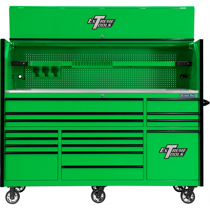Extreme Tools RX Series 84" Extreme Workstation Combo – 16-Drawer Roller Cabinet w/ Power Tool Drawer (Green/Black Trim) EXTRXQ8417HRGK