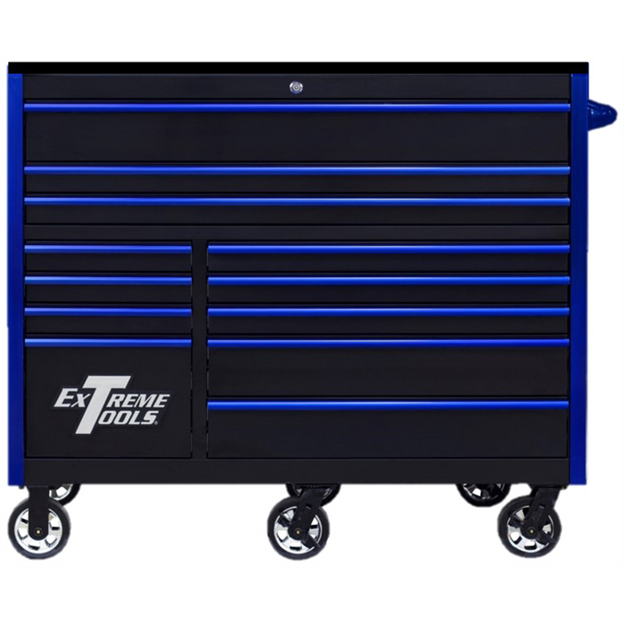 Extreme Tools RX Series 55” W x 25'' D 12-Drawer Roller Cabinet Tool Box – 150 lb Slides, Heavy-Duty Steel, Black with Blue Drawer Pulls (EXTRX552512RCBKBL-X)