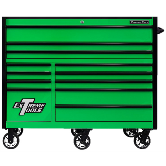 Extreme Tools RX Series 55” W x 25'' D  12-Drawer Roller Cabinet Tool Box – 150 lb Slides, Heavy-Duty Steel, Green with Black Drawer Pulls (EXTRX552512RCGNBK-X)