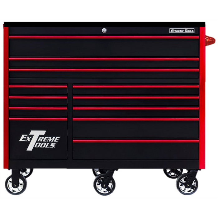 Extreme Tools RX Series 55” W x 25'' D 12-Drawer Roller Cabinet Tool Box – 150 lb Slides, Heavy-Duty Steel, Black with Red Drawer Pulls (EXTRX552512RCBKRD-X)