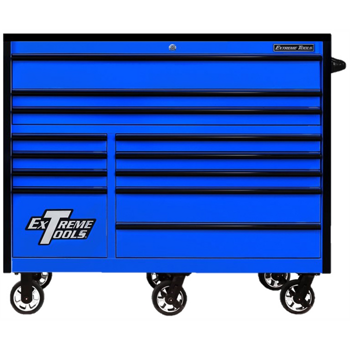 Extreme Tools RX Series 55” W x  25'' D12-Drawer Roller Cabinet Tool Box – 150 lb Slides, Heavy-Duty Steel, Blue with Black Pulls (EXTRX552512RCBLBK-X)