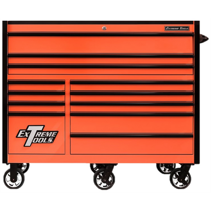 Extreme Tools RX Series 55” W x 25'' D 12-Drawer Roller Cabinet Tool Box – 150 lb Slides, Heavy-Duty Steel, Orange with Black Pulls (EXTRX552512RCORBK-X)