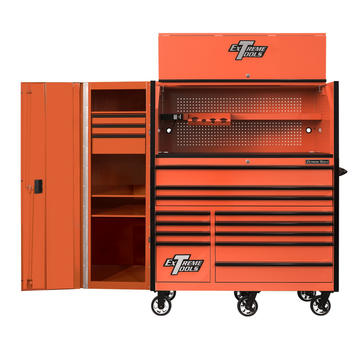 Extreme Tools RX Series 55” Professional Tool Cabinet Combo – Hutch, 12-Drawer Roller Cabinet & 3-Drawer Side Locker (Orange/Black) EXTRX55HRSOK