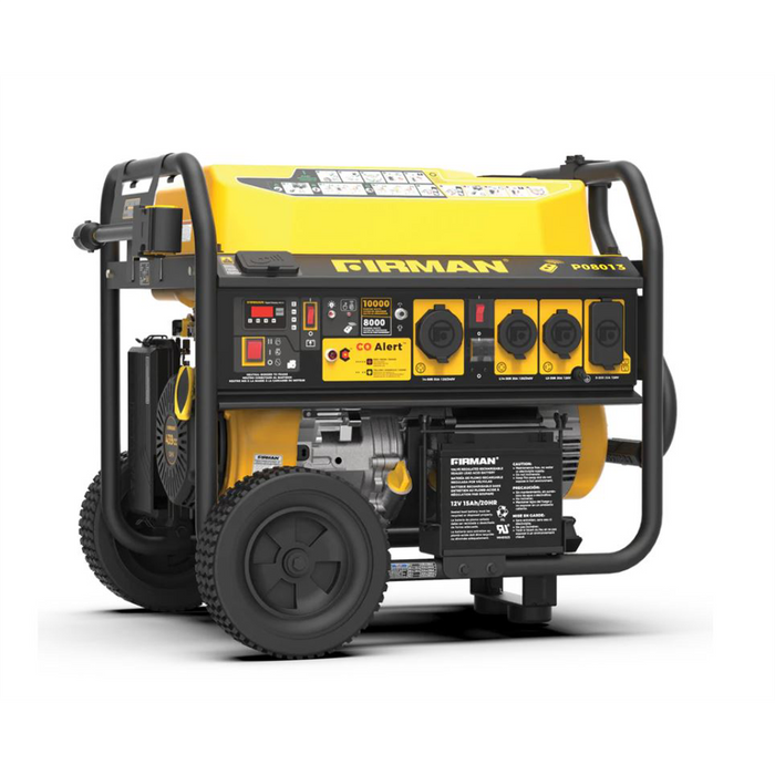 Firman Generator, 8000W/10,000W, Gasoline, Remote Start, 120/240V, w/ Wheel Kit, CO Alert, Adapter, Short Power Cord and Cover FRGP08013