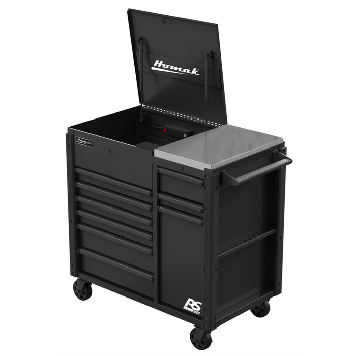 Homak Manufacturing 44'' RS Pro 9 Drawer Flip Top Power Service Cart with Workstation - Black HOMBK06044090