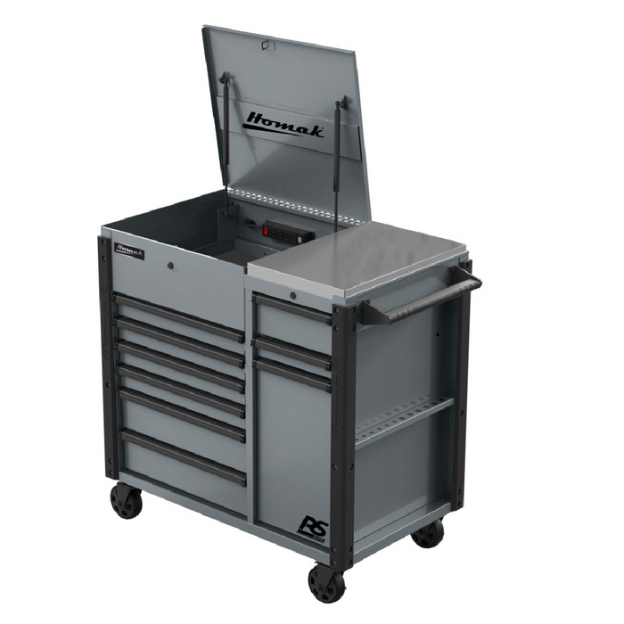 Homak Manufacturing 44'' RS Pro 9 Drawer Flip Top Power Service Cart with Workstation - Grey HOMGR06044090
