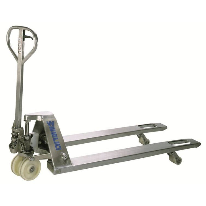 Wesco Stainless Steel Manual Pallet Jack – Chock & Backrest Guards | 5,500 lb Capacity | Model 272152-1
